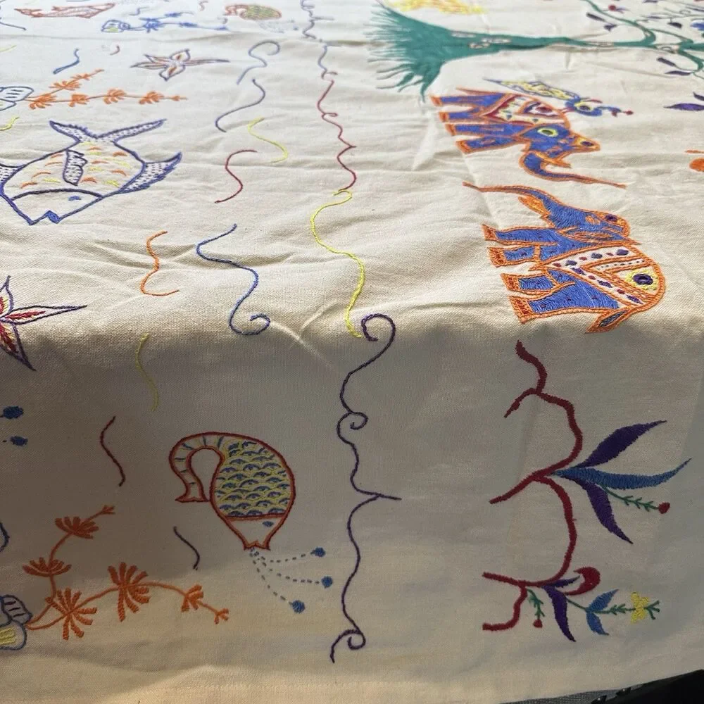 10000 Villages Tree Of Life Embroidered Tablecloth New w Tags 57 x 82 Inch